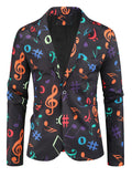 Riolio Allover Print One Button Blazer, Men's Casual Music Note Pattern Flap Pocket Lapel Sports Coat For Spring Fall Business