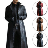 Men's Leather Trench Coat Vintage British Style Windbreaker Handsome Solid Color Slim-fit Overcoat Long Jacket Plus Size S-5XL