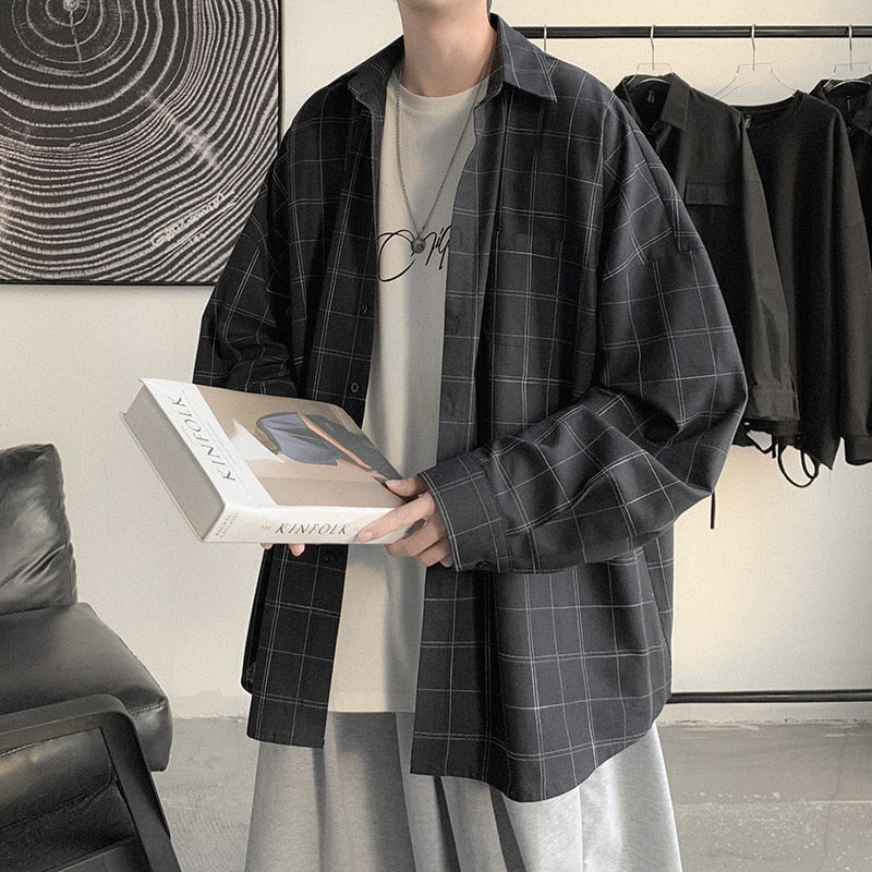 Riolio Plaid Shirt Men's fashion brand ins casual versatile shirt Korean fashion coat handsome clothes