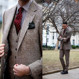 Vintage Winter Tweed Suits Brown Tweed Men Suits With Patch Design 3 Pieces Costume Homme Smart Business Formal Wedding Suits