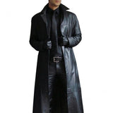 Men's Leather Trench Coat Vintage British Style Windbreaker Handsome Solid Color Slim-fit Overcoat Long Jacket Plus Size S-5XL