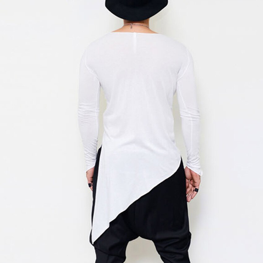 Men asymmetrical design punk hip hop long sleeve t shirt side split long tee shirts mens casual vintage streetwear gothic tops