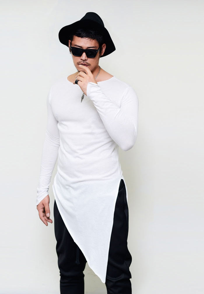 Men asymmetrical design punk hip hop long sleeve t shirt side split long tee shirts mens casual vintage streetwear gothic tops