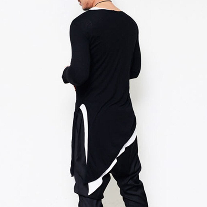 Men asymmetrical design punk hip hop long sleeve t shirt side split long tee shirts mens casual vintage streetwear gothic tops