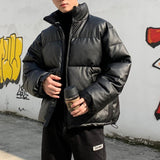 Thicken Solid Color Mens Parkas Oversized Warm Winter Leather Coats Harajuku Fashion Male Loose Cotton Padded Jackets