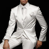 3 Piece White Wedding Suits Groom Tuxedo Peaked Lapel Custom Made Handsome Business Party Male Suit ( Jacket+Pants+Vest)
