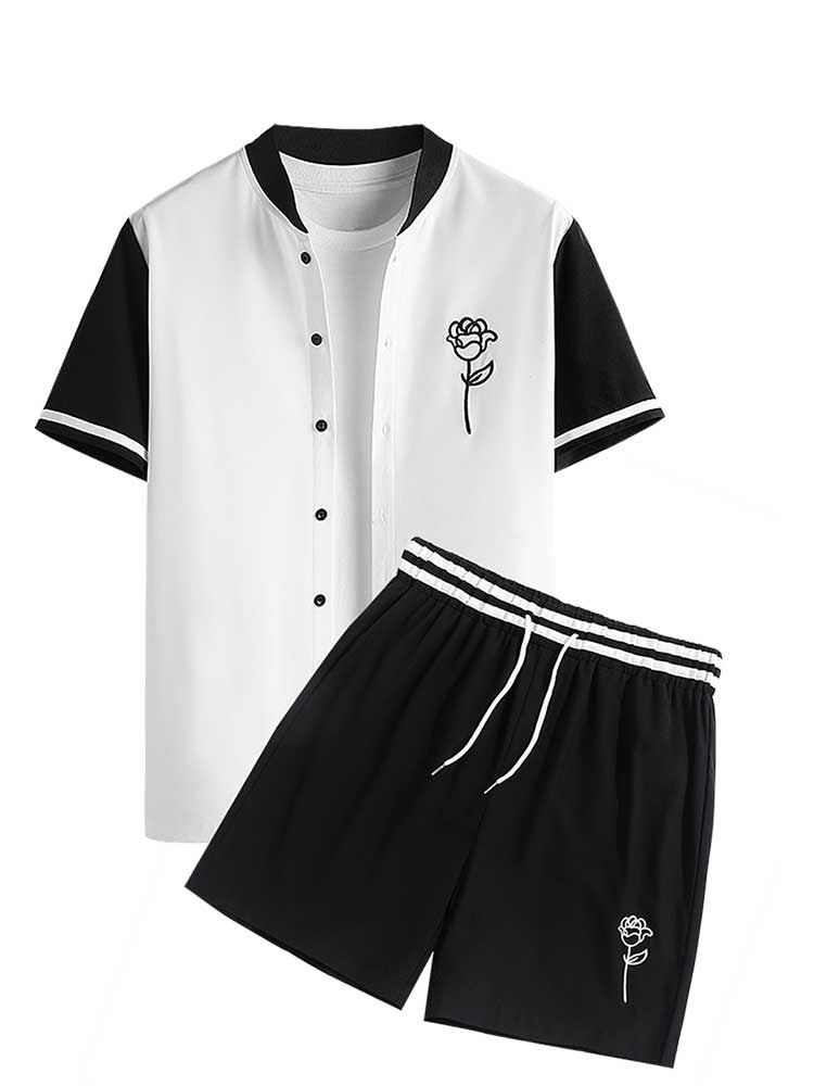Riolio Tracksuit Suits for Men Rose Embroidered Short Sleeves Baseball Shirt with Shorts Set Streetwear Two Pieces Set Z5090448