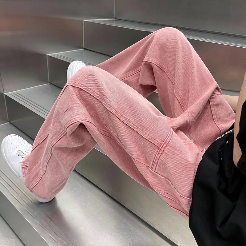 Riolio Street Vibe Style Jeans Men's Loose Straight Pants Trendy Brand American Baggy Wide-leg Pants Pink Jeans Spring and Autumn