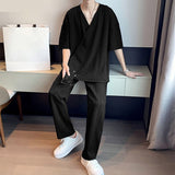 Riolio Casual Simple Style New Men Sets Short Sleeved Shirts Pants Handsome Male Simple Pleated Solid Comfortable Suit 2 Pieces