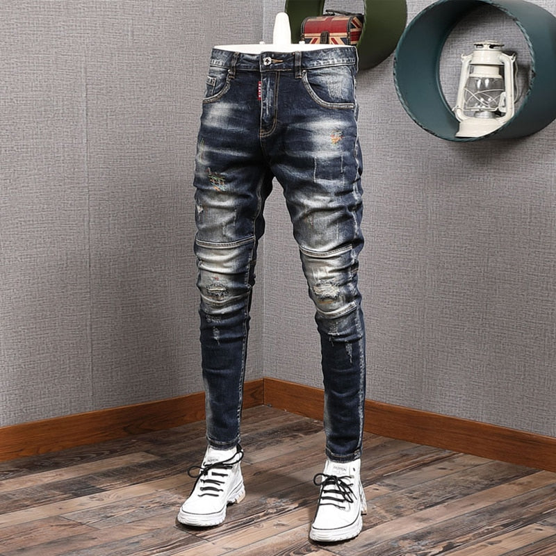 Riolio Fashion Streetwear Men Jeans Retro Black Blue Elastic Slim Fit Ripped Jeans Men Spliced Designer Embroidery Hip Hop Denim Pants
