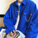 High Street Klein Blue Men's Shirts Streetwear Long Sleeve Male Blouses Turn-down Collar Korean Style Cardigan Shirts