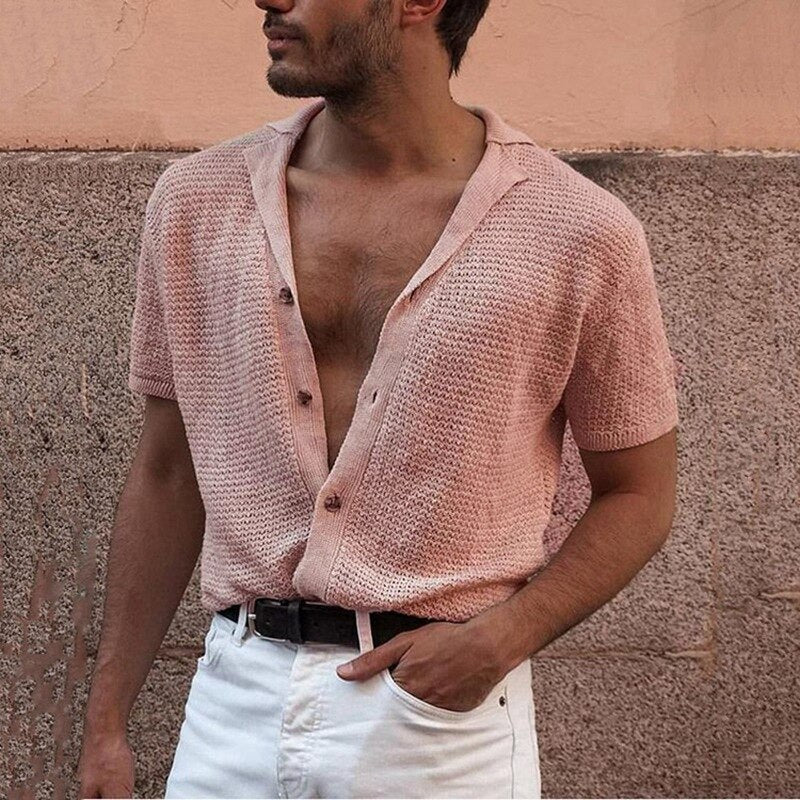 Knit Men's Mesh Shirts with Holes Nightclub Short Sleeve Button Up Men Clothing Tops Cardigan Summer Beach Harajuku