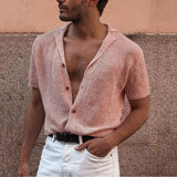 Knit Men's Mesh Shirts with Holes Nightclub Short Sleeve Button Up Men Clothing Tops Cardigan Summer Beach Harajuku