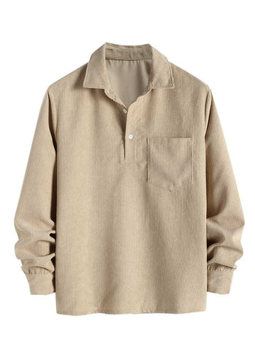 Riolio Shirts for Men Corduroy Long Sleeves Shirt Half Button Solid Blouses Fall Spring Streetwear Overshirts Tops with Pocket