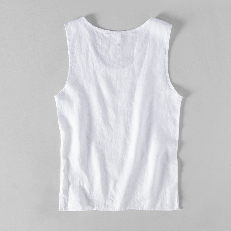 Riolio Pure Linen Sleeveless White Tank Top Men Summer Solid Breathable Vest Tees Casual Man Vests
