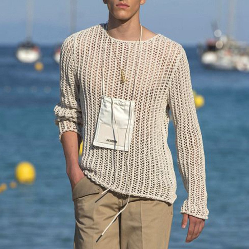 Streetwear Spring Summer Mens Fashion See Through Thin Tops Sexy Crew Neck Long Sleeve Solid Pullover Mens For Clothing Tee