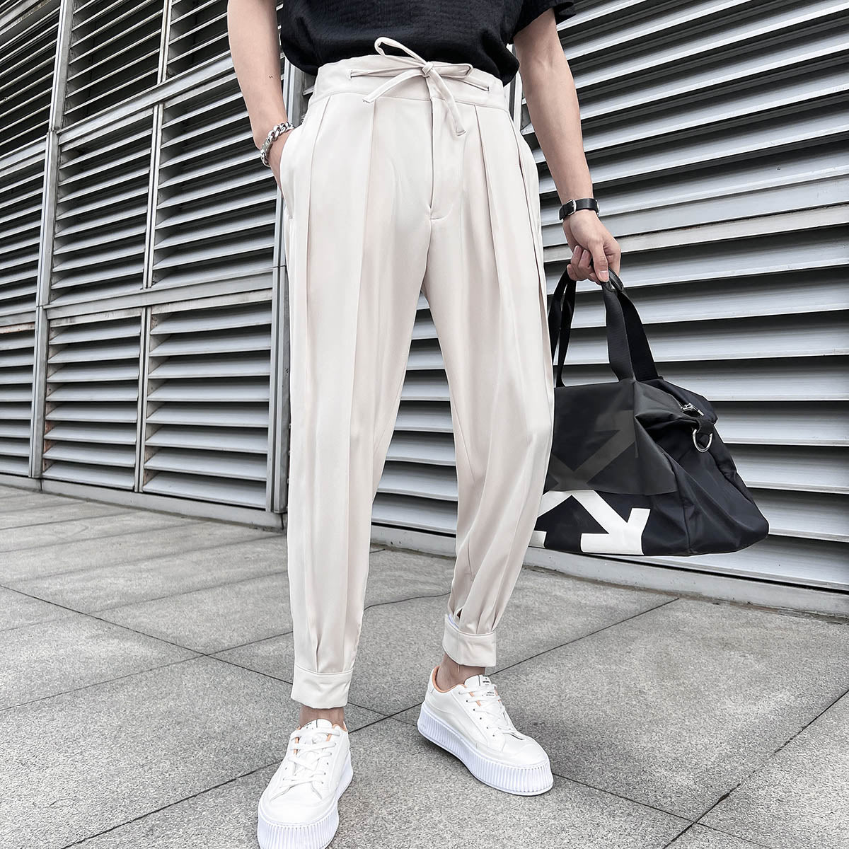Riolio Summer Elastic Waist Drape Suit Pants Men Business Office Casual Pants Male Fashion Loose Social Party Formal Trousers