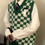 Riolio New Autumn Arctic Velvet Checkerboard Pattern Men's Sweater Vest Retro V-neck Sleeveless Knit Vest Woolen Korean Clothes