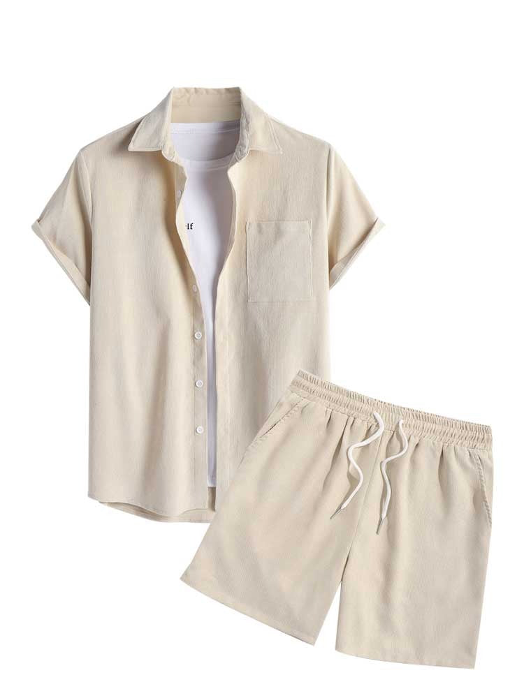 Riolio Two Piece Outfits for Men Casual Basic Solid Corduroy Short Sleeves Button Up Shirt with Drawstring Shorts Set Z5092646