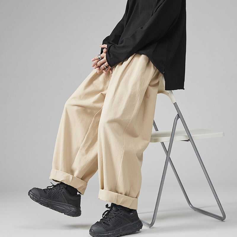 Riolio Japanese Men's Loose Casual Wide Leg Pants Fashion Elastic Waist Pure Cotton Solid Color Pants Straight Baggy Wide Leg Pants 5XL