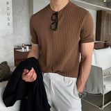 Korean Version Summer Slim Fit Knit T Shirt Men Round Neck Stripe Short Sleeve Solid Color Harajuku Casual Vintage T Shirt Men