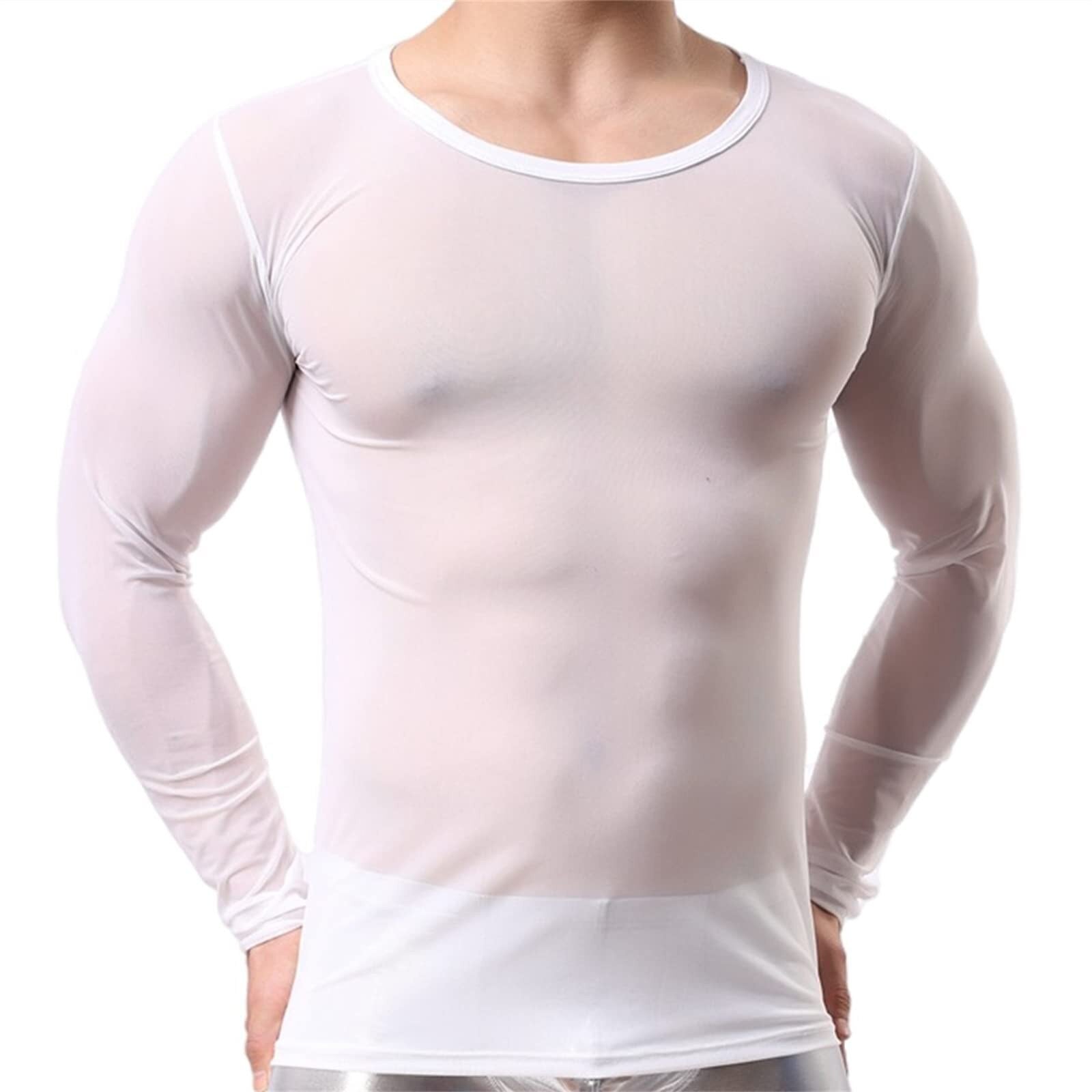Mens Undershirt Gay clothing Nylon Mesh Shirt See Through Sheer Long Sleeves T Shirts Sexy transparent shirt Underwear