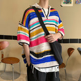Riolio Summer Knitted Short Sleeve T-shirt Men Fashion Casual Stripe T Shirt Men Streetwear Hip Hop Loose Sweater Tshirt Mens Tops