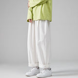 Riolio Japanese Men's Loose Casual Wide Leg Pants Fashion Elastic Waist Pure Cotton Solid Color Pants Straight Baggy Wide Leg Pants 5XL