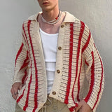 Riolio Autumn Trend Mens Knit Shirts Fashion Striped Jacquard Cardigan Tops For Men Spring Vintage Button-down Lapel Knitted Shirt