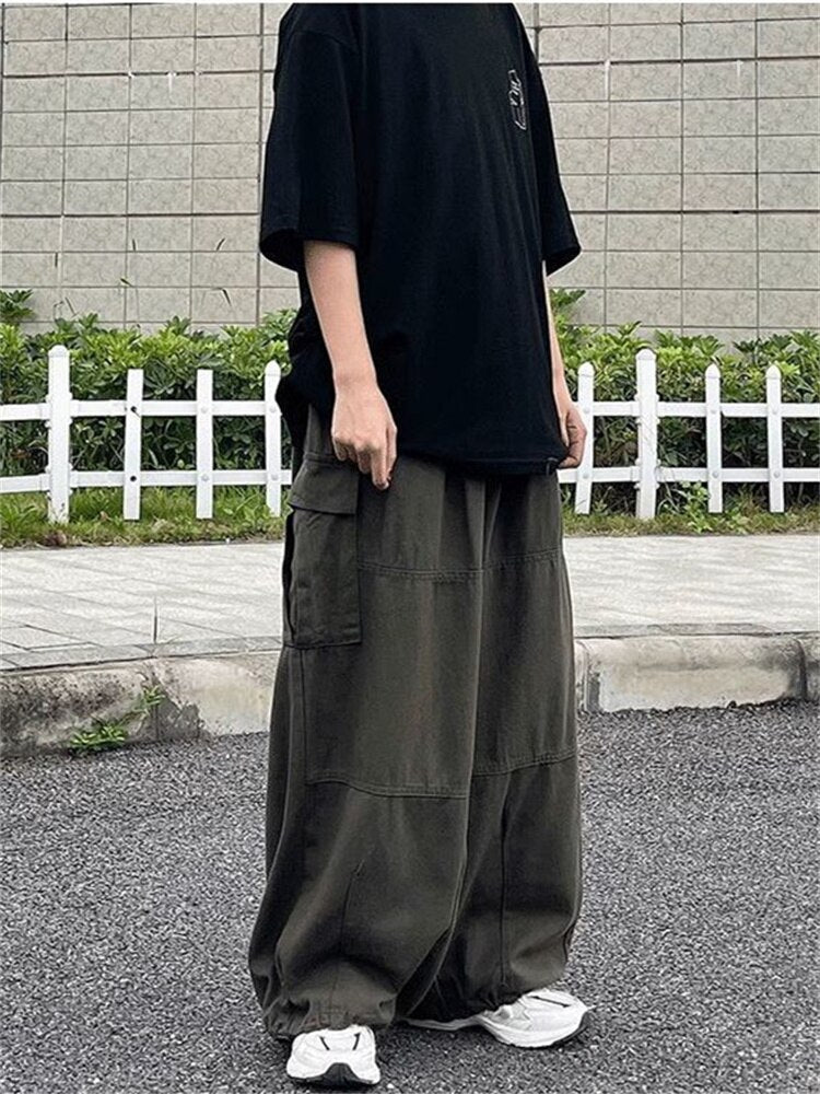 Riolio Harajuku Vintage Wide leg jeans Pants Men Casual Joggers Harem Pants White Cargo Pants Skateboard Trousers Streetwear