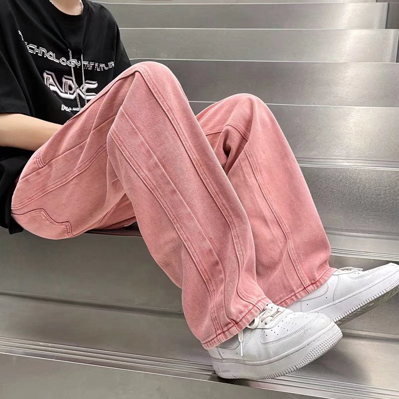 Riolio Street Vibe Style Jeans Men's Loose Straight Pants Trendy Brand American Baggy Wide-leg Pants Pink Jeans Spring and Autumn