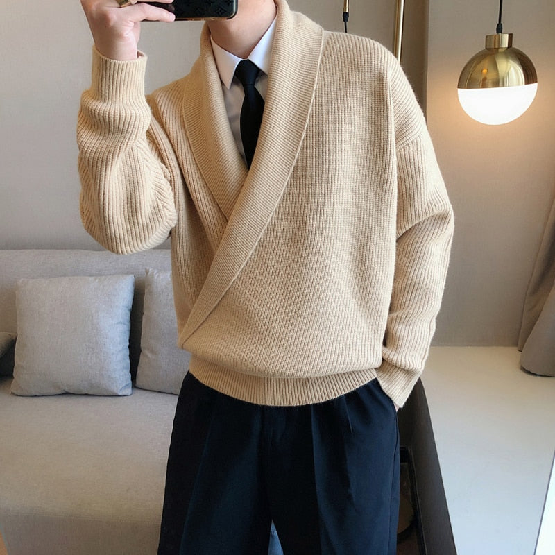 Riolio Mens Sweaters Autumn Winter Fashion Big V-neck Hangs Personality Knitted Sweater Men's Casual Loose Pullovers Sweaters Male Coat