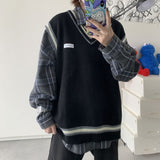 Riolio Men Sweater Vest V-neck Knitted Pullover Couples Ins Oversize Harajuku Vests Chic Korean Style Leisure Mens Clothes
