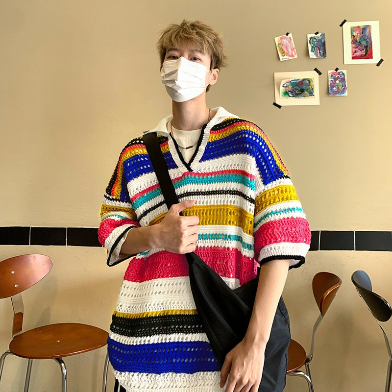 Riolio Summer Knitted Short Sleeve T-shirt Men Fashion Casual Stripe T Shirt Men Streetwear Hip Hop Loose Sweater Tshirt Mens Tops