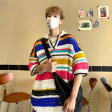 Riolio Summer Knitted Short Sleeve T-shirt Men Fashion Casual Stripe T Shirt Men Streetwear Hip Hop Loose Sweater Tshirt Mens Tops