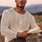 Streetwear Spring Summer Mens Fashion See Through Thin Tops Sexy Crew Neck Long Sleeve Solid Pullover Mens For Clothing Tee