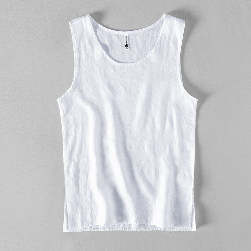 Riolio Pure Linen Sleeveless White Tank Top Men Summer Solid Breathable Vest Tees Casual Man Vests
