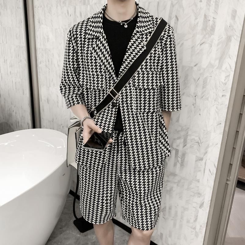 Riolio Sets Men Half Sleeve Blazers Handsome Summer Shorts Knee-length 2 Pcs Outfits Streetwear Casual Fashion Korean Clothing Popular