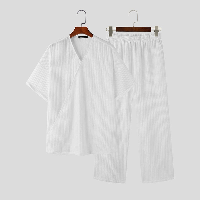 Riolio Casual Simple Style New Men Sets Short Sleeved Shirts Pants Handsome Male Simple Pleated Solid Comfortable Suit 2 Pieces
