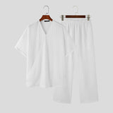 Riolio Casual Simple Style New Men Sets Short Sleeved Shirts Pants Handsome Male Simple Pleated Solid Comfortable Suit 2 Pieces