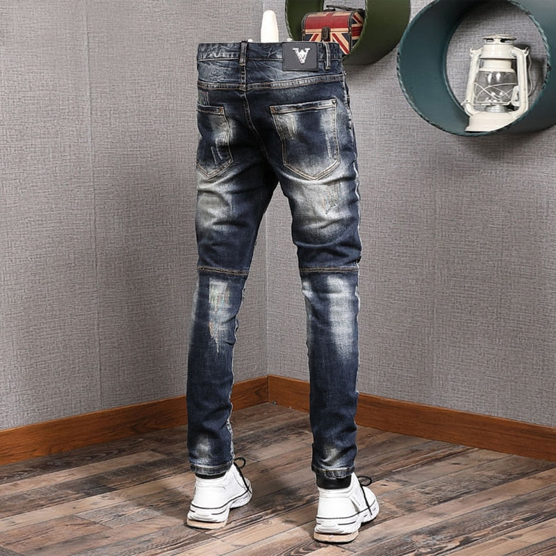 Riolio Fashion Streetwear Men Jeans Retro Black Blue Elastic Slim Fit Ripped Jeans Men Spliced Designer Embroidery Hip Hop Denim Pants