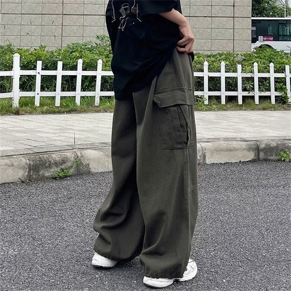 Riolio Harajuku Vintage Wide leg jeans Pants Men Casual Joggers Harem Pants White Cargo Pants Skateboard Trousers Streetwear