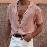 Knit Men's Mesh Shirts with Holes Nightclub Short Sleeve Button Up Men Clothing Tops Cardigan Summer Beach Harajuku