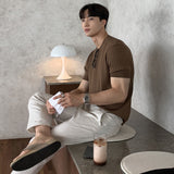 Korean Version Summer Slim Fit Knit T Shirt Men Round Neck Stripe Short Sleeve Solid Color Harajuku Casual Vintage T Shirt Men