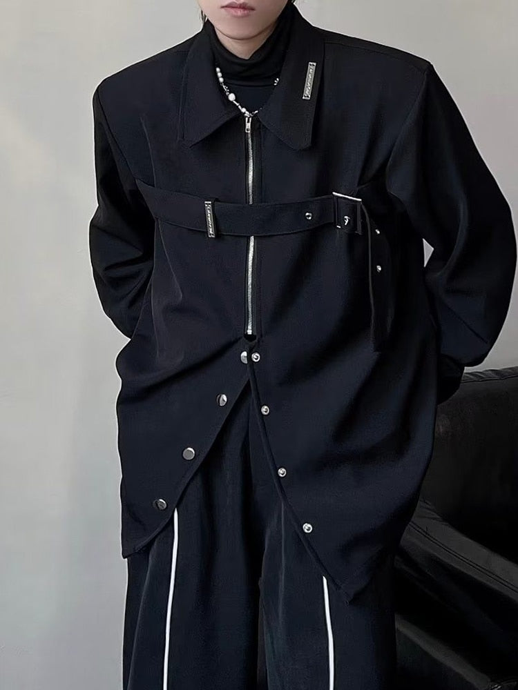 Riolio Techwear Shirts Men Darkwear Hip Hop Blouses Punk Black Long Sleeve Button Up Male Zipper Harajuku Japanese Streetwear