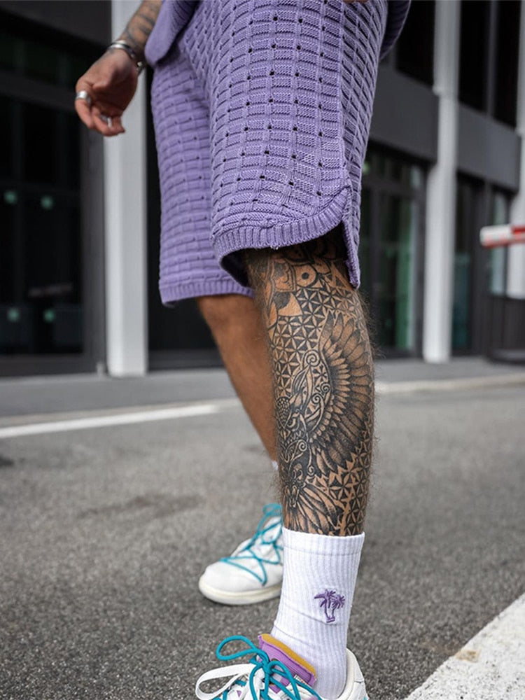 Riolio Streetwear Summer Men Fashion Outfits Knitted Solid Color Loose Two Piece Sets Mens Casual O Neck Pullover And Shorts Suits
