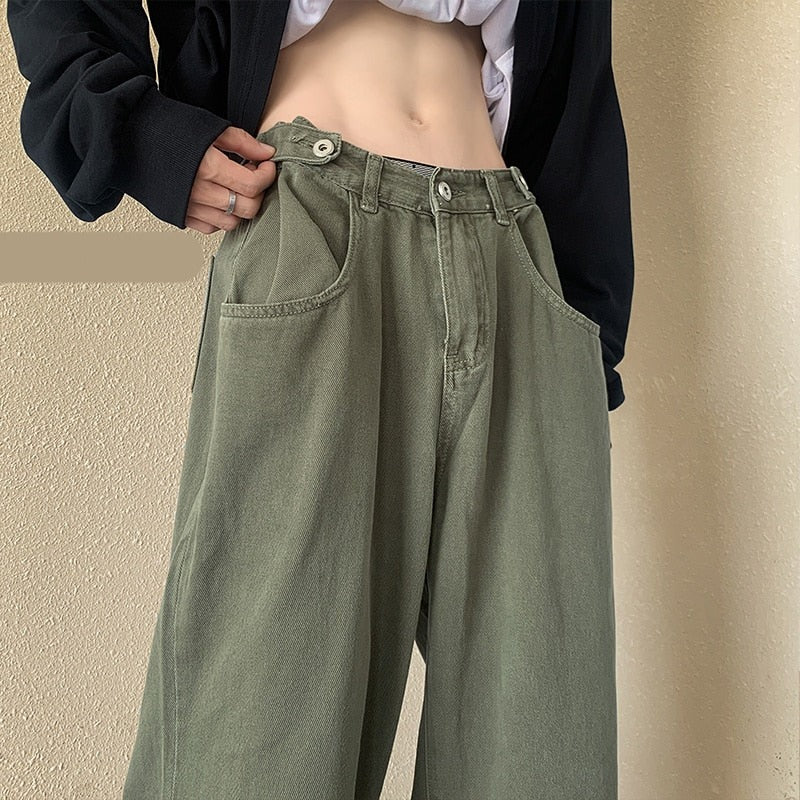 Riolio American vibe pants ins high street fashion brand military green denim jeans men men's loose straight overalls streetwear