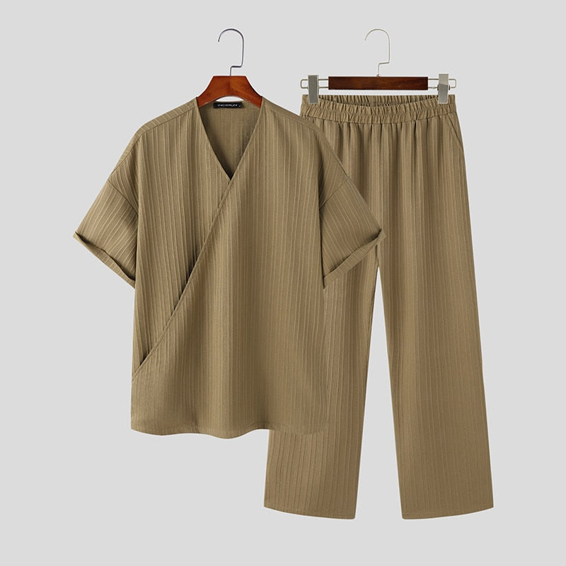 Riolio Casual Simple Style New Men Sets Short Sleeved Shirts Pants Handsome Male Simple Pleated Solid Comfortable Suit 2 Pieces
