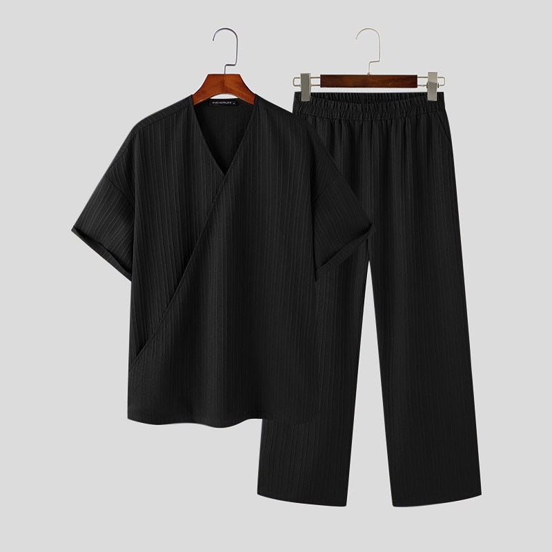 Riolio Casual Simple Style New Men Sets Short Sleeved Shirts Pants Handsome Male Simple Pleated Solid Comfortable Suit 2 Pieces