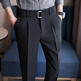 Riolio Mens Spring Autumn Belt Decoration Casual Ankle Length Pants Streetwear New Fashion Social Business Slim Fit Suit Pants